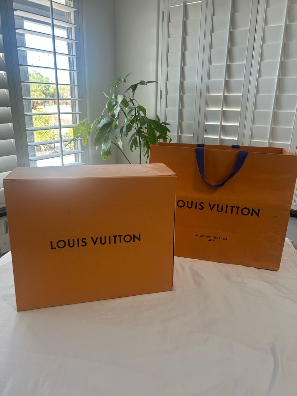 Louis Vuitton Orange Box and Matching Orange Shopping Bag with Blue Handles